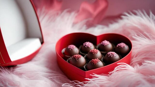 A heart-shaped red box opens up to show chocolate treats within, placed on a gentle background, perfect for presents.