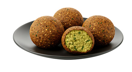 Freshly cooked falafel balls placed neatly on a black plate looking crispy, golden, and perfect for...