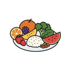 A Vibrant Platter of Wellness: A brightly lit illustration showcasing a balanced assortment of fresh fruits, colorful vegetables, grains and nuts.