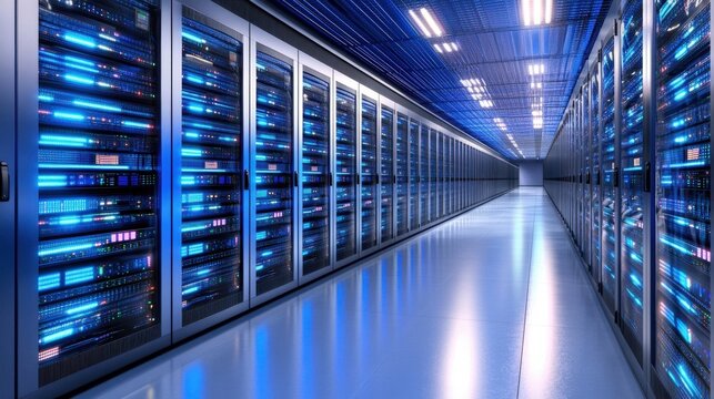 A sophisticated server rack-inspired abstract with parallel glowing blue lights extending into the distance