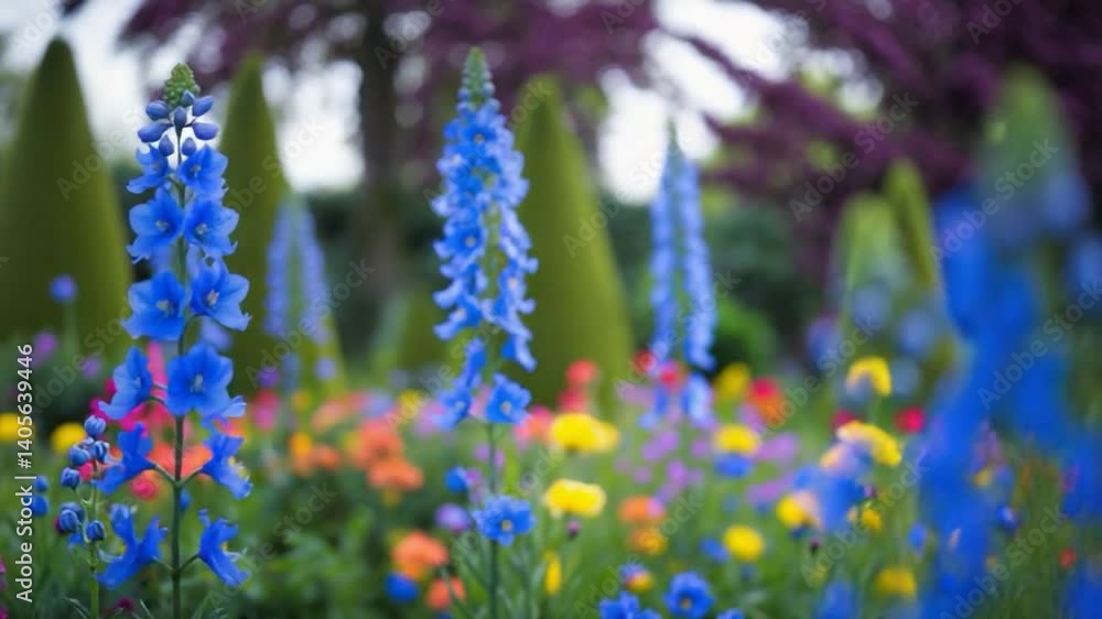 Poster a colorful array of delphiniums in a flourishing garden environment, radiating tranquility and natur