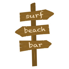 Wooden direction sign. Surf, beach, bar directions. Hand drawn vector. Wooden direction sign illustration for cards, designs, invitations, logos
