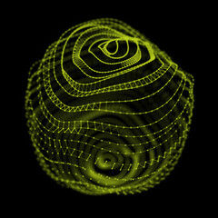 Abstract distorted green sphere in the shape of ball. Mesh damaged wavy structure with flying particles. Modern futuristic backdrop. 3d rendering.
