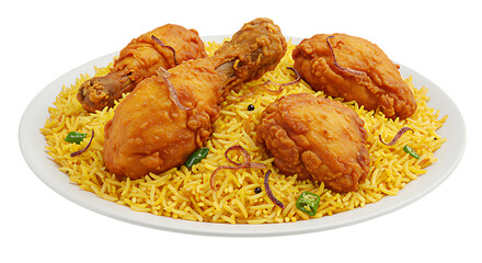 Fresh fried chicken drumsticks served over yellow rice placed on a white plate looking crispy, juicy, and perfect for hearty fast food meals.