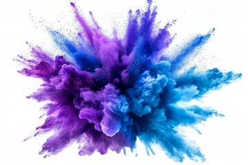 Colorful powder explosion. Vibrant hues of purple and blue powder explode outwards on a white background, creating a dynamic and colorful visual