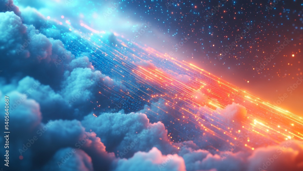 Poster abstract digital art of glowing lines traversing clouds, vibrant colors and light trails