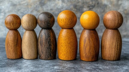 Diverse wooden figures in a row, varying skin tones, on a gray textured surface