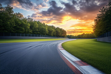 Naklejka premium Curving Race Track into Sunset – Scenic Motorsport Landscape with Vibrant Colors 