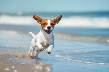 Joyful Dog Running on Serene Beach with Waves &ndash; Energetic Pet in Nature