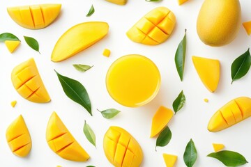 Mango slices and juice display isolated on white background