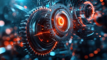 Obraz premium A surreal industrial network of interconnected mechanical gears and glowing power lines forming a futuristic theme