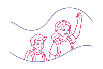 Joyful School Children Wave Goodbye Illustration Vector Art With Backpacks And Wavy Accents