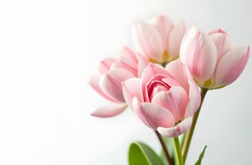 Bouquet of delicate pink flowers on a white background with space for text