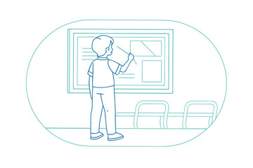 Outline Illustration Of Schoolboy Presenting Information On A Board In The Classroom