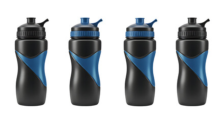 Four blue and black water bottles placed neatly on a white background looking sporty, fresh, and...