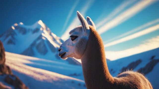 A unique Vicuna at a high elevation against a snow-capped mountain.