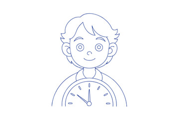 Fototapeta premium Boy With Clock Outline Education Time Concept Kids Learning Illustration Vector