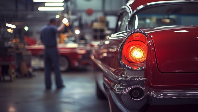 Vintage car in a repair shop.  A mechanic works on a classic red automobile