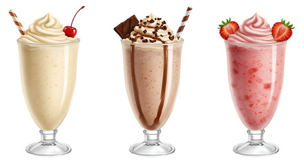 Three glasses of milkshakes in vanilla, chocolate, and strawberry flavors placed neatly on a white background looking creamy, sweet, and refreshing.