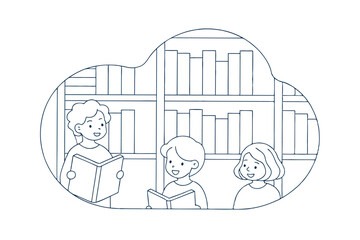 Students Reading Books In Library Illustration Educational Vector For Kids
