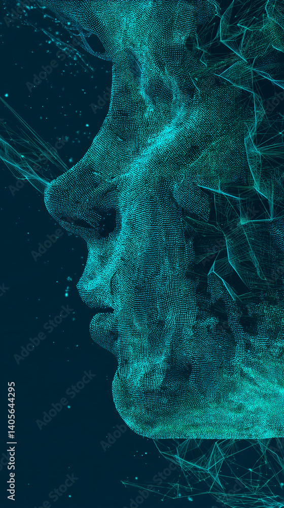 Poster abstract teal profile of a face, composed of tiny dots and lines, creating a digital, ethereal effec
