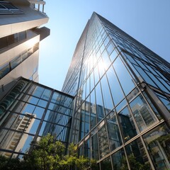 Fototapeta premium Modern skyscraper architecture featuring glass facade and reflecting sunlight in an urban environment, showcasing vibrant city life and contemporary design elements.