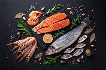 Gourmet Seafood Spread: Fresh Salmon Steaks, Shrimp, Octopus, Oysters & Herbs on Dark Background – Top View Rustic Food Photography