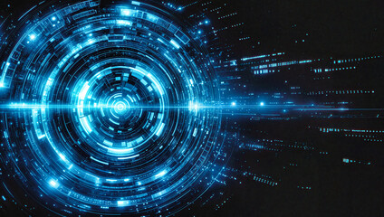 Blue glowing digital circular interface with concentric technology rings and data streams against dark background. Futuristic cyber network visualization with matrix patterns, binary connections
