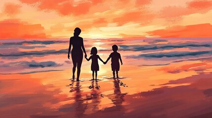 Silhouette of Parent and Children Walking at Sunset by the Ocean