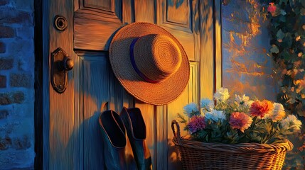 Rustic Doorway with Straw Hat and Flowers at Sunset Light