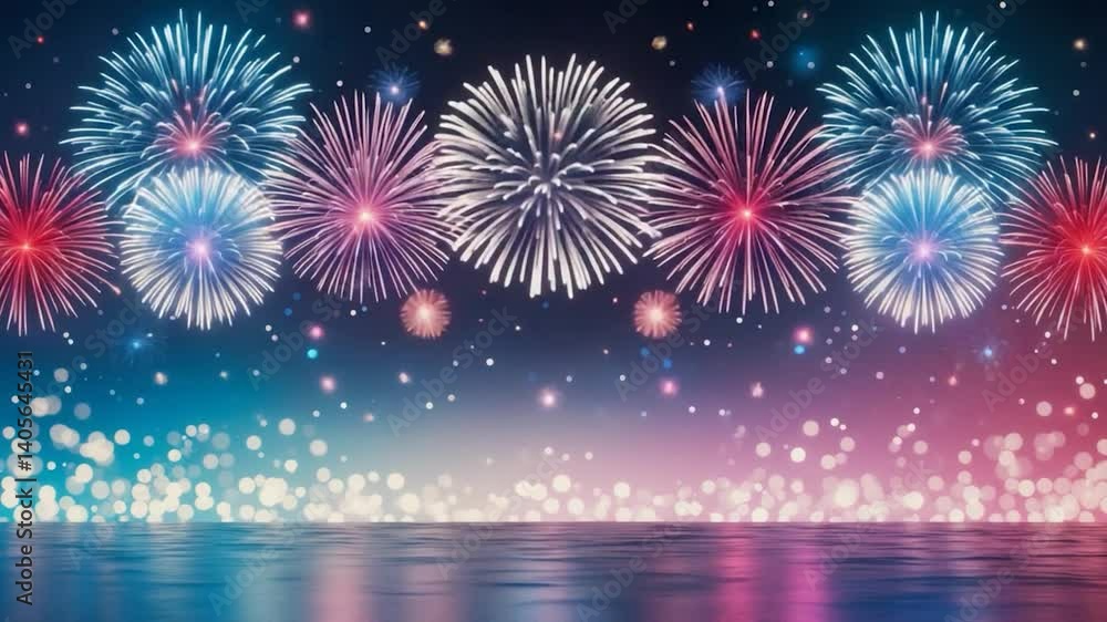 Poster abstract fireworks display on shimmering silver bokeh festive lighting backdrop.