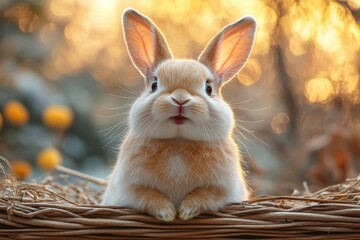 Obraz premium Cute rabbit sitting calmly in a basket during golden hour in a serene garden