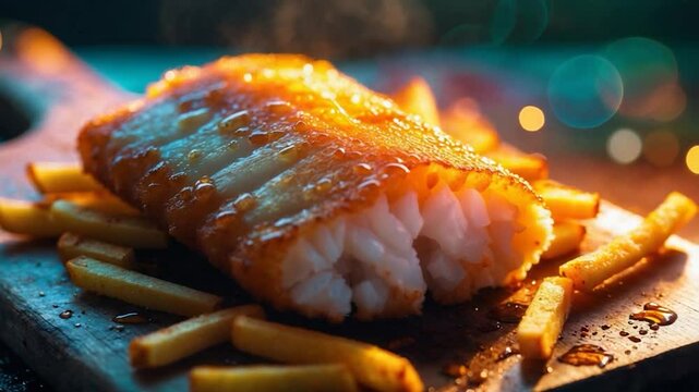 A portion of fried cod served with fries on a cutting board.