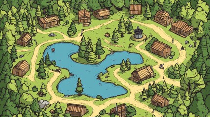 Idyllic lakeside village map, cartoon woodland landscape with cabins and trees