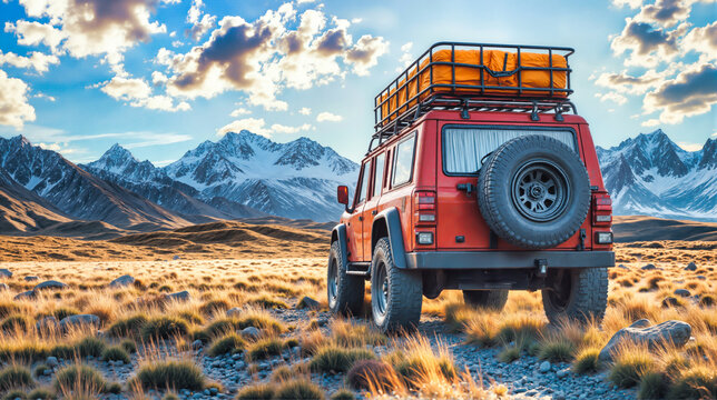 Red 4x4 expedition vehicle with rooftop gear in golden grassland landscape. Mountains with snow covered peaks in background under blue sky with clouds. Wilderness adventure, offroad travel, outdoor
