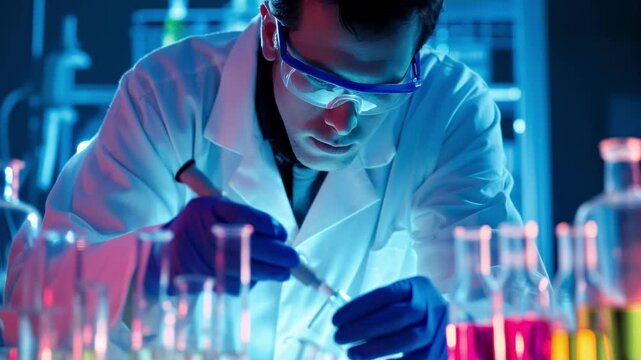 Scientist in a lab coat working with test tubes, shot from a low angle. The video captures a focused, blue-lit laboratory environment.