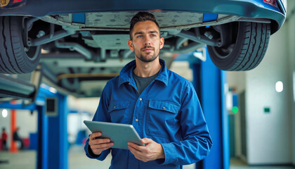 Mechanic in blue uniform with tablet under elevated vehicle in automotive garage. Professional technician using digital tool during car inspection. Industrial service with modern diagnostics equipment