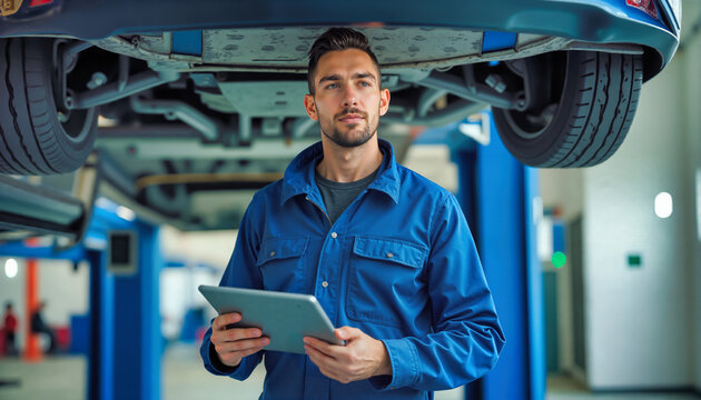 Mechanic in blue uniform with tablet under elevated vehicle in automotive garage. Professional technician using digital tool during car inspection. Industrial service with modern diagnostics equipment