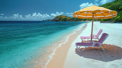 Beach umbrella and chairs inviting relaxation on tropical island shore