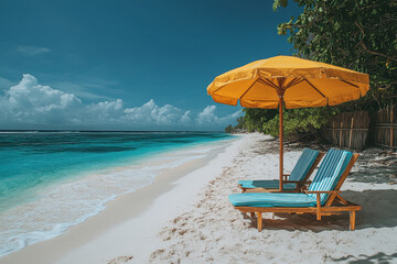 Two sunbeds and yellow parasol inviting tourists to relax on tropical beach