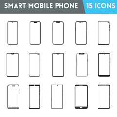 15 Icons of Smart Mobile Phones, Vector Illustration.