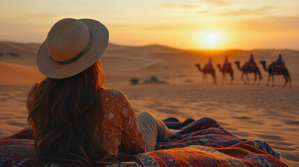 Tourist watching camel caravan at sunset in desert