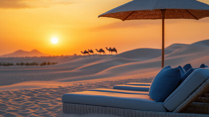 Camels walking on sand dunes at sunset with beach chairs and umbrella