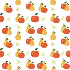 Seamless pattern with colorful pears and apples on a white background. Simple flat design, perfect for textiles, wrapping paper, and digital backgrounds.