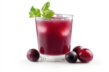 Plum juice with mint garnish isolated on white background
