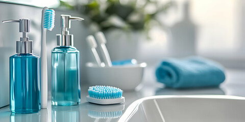 Bathroom essentials showing toothbrushes, mouthwash, and plant in a modern setting for daily dental hygiene