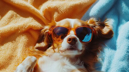  Dog Wearing Sunglasses Laying On A Blanket On A Sunny Day