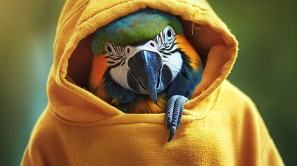  Parrot In A Yellow Hoodie With Its Eyes Open