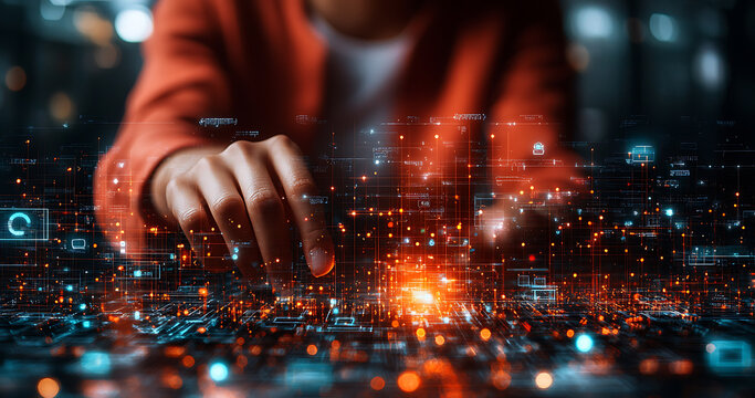 A person delves into a futuristic data network, illuminated by an ethereal glow. This person navigates the complex digital landscape.