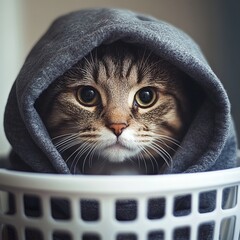  Cat That Is Hiding In A Basket With A Hood On